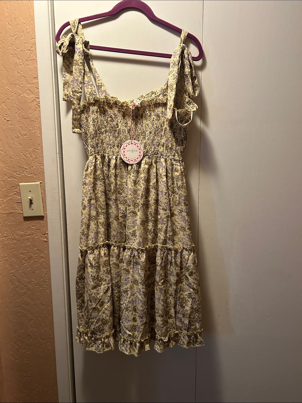 Umgee Yellow Floral Smocked Tie-Shoulder woman’s dress